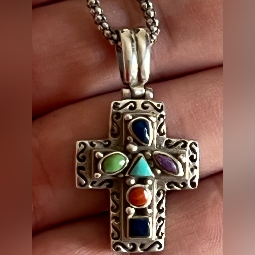 Vintage 925 Silver Lapiz Lasuli Multicolor Cross Pendant with Silver Necklace
